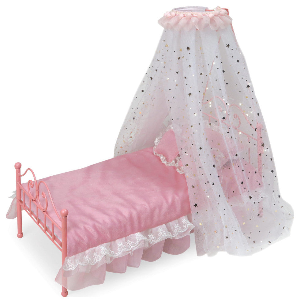 Starlights Led Canopy Metal Doll Bed With Bedding, Pink