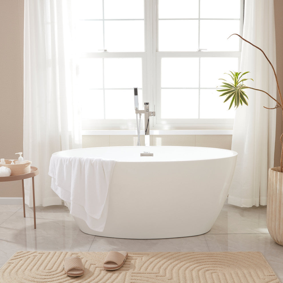 Vanity Art 55"x32" Acrylic Freestanding Soaking Bathtub, White/Classic Chrome