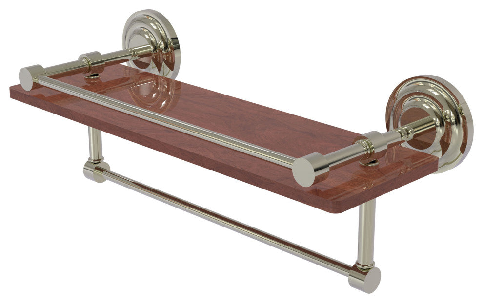 Que New 16" Wood Shelf with Gallery Rail and Towel Bar, Polished Nickel