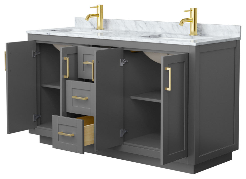 60" Double Bathroom Vanity, Dark Gray, Carrara Countertop, Sinks, Gold Trim