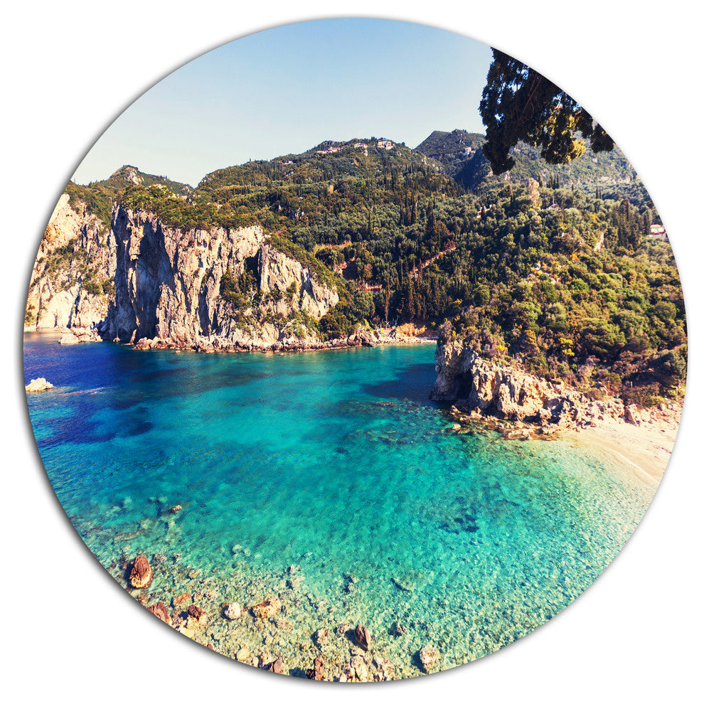 Rocky Beach With Turquoise Water, Beach Disc Metal Artwork, 23"