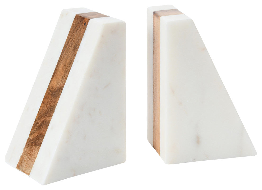 Marble Geometric Bookends with Wood Inlay, White