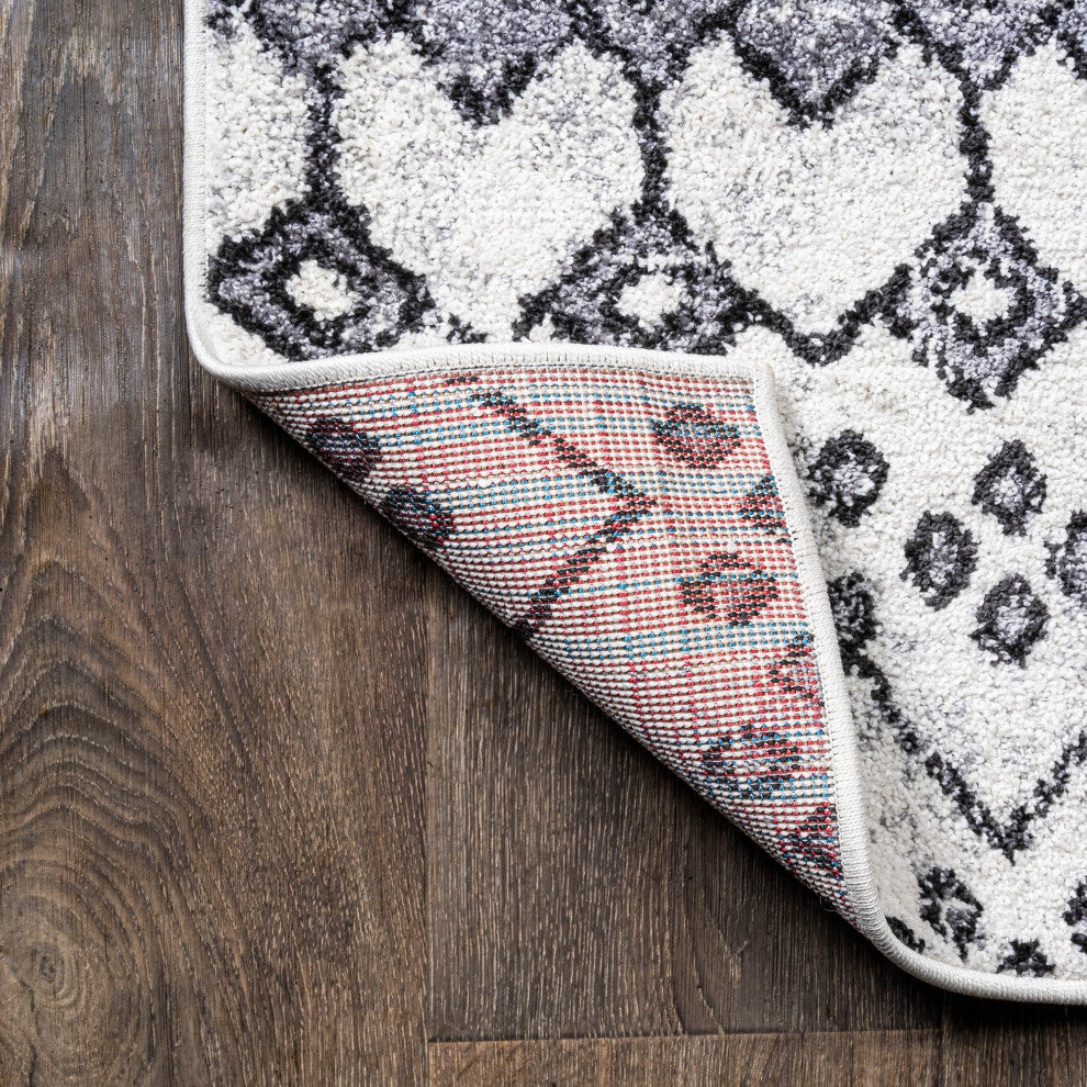 Azmar Moroccan Geometric Distressed Ivory/Black 2 ft. x 8 ft. Runner Rug