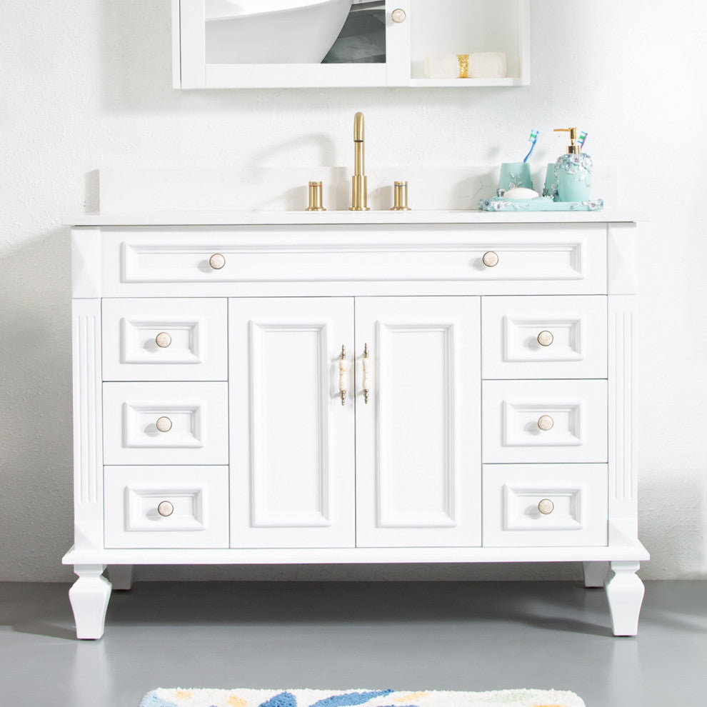 Solid Wood Bathroom Vanity with Quartz Top and cUPC Certified Sink, White, 48 Inch