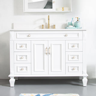 Solid Wood Bathroom Vanity with Quartz Top and cUPC Certified Sink, White, 48 Inch