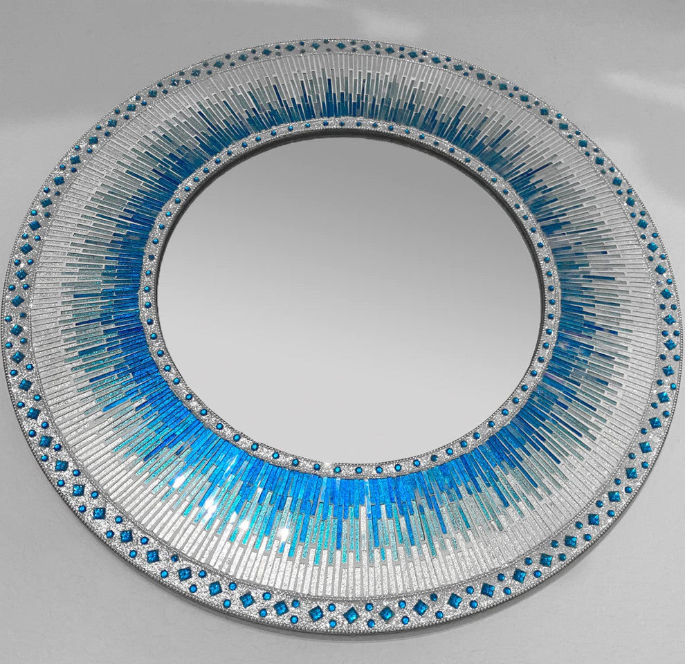 DecorShore 24" Round Wall Mosaic Mirror in Shades of Ocean Blue, Aqua and Teal