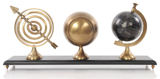24" X 5.5" X 10.75" Armillery Clock And Globe On Wood Base