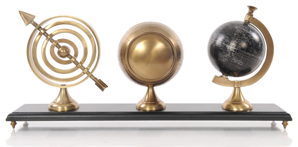 24" X 5.5" X 10.75" Armillery Clock And Globe On Wood Base