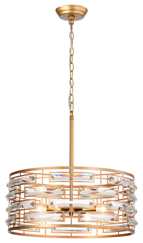Sue Drum Shade Chandelier With Clear Glass Crystal Prism 6-light, Glossy Brassï¼Œ