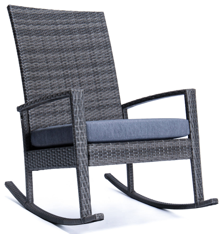 LeisureMod Duval Outdoor Wicker Rocking Chairs With Cushion, Charcoal Blue