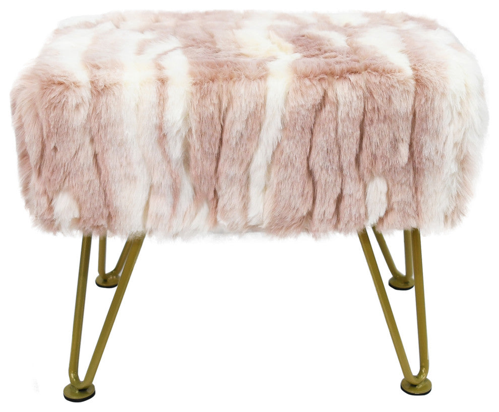 Soft Faux Fur Ottoman Fuzzy Entryway Bench Seat, Pink, 19"x13"x17"