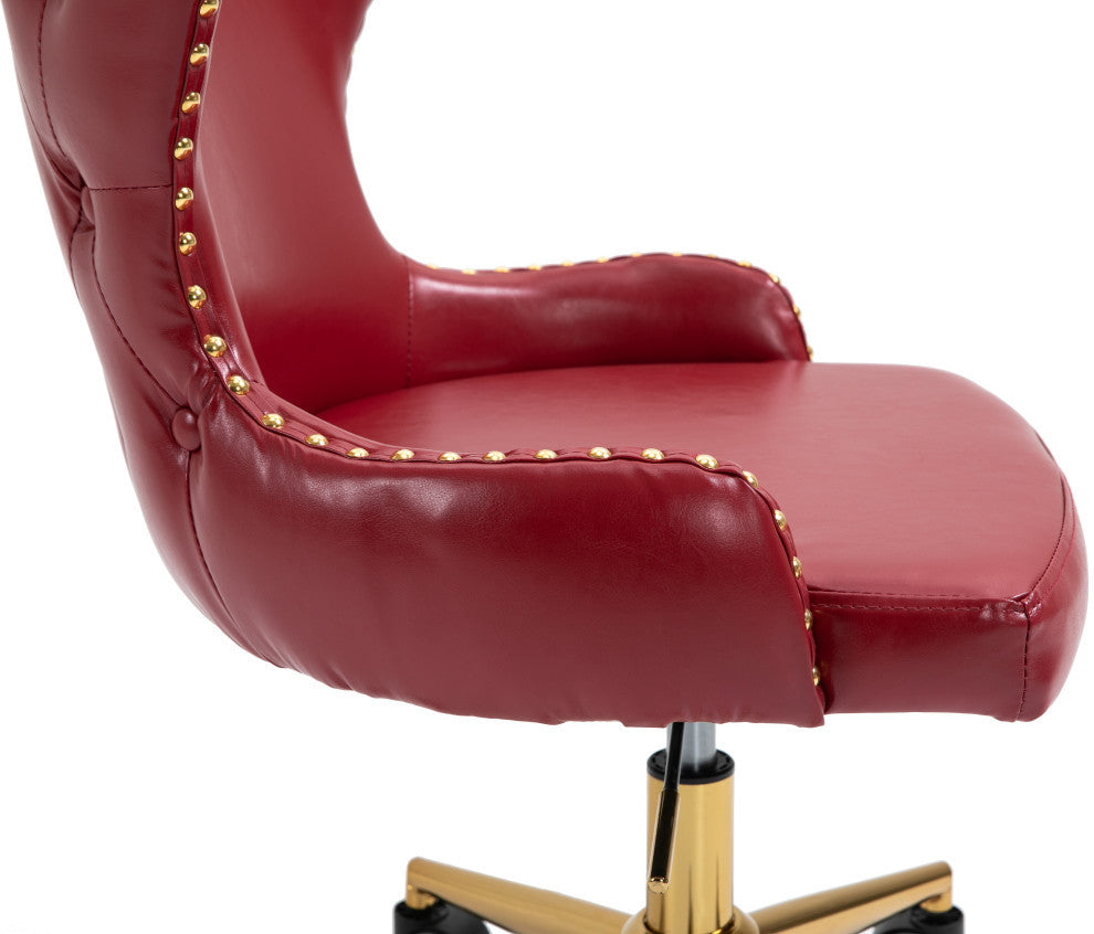 Hendrix Swivel and Adjustable Vegan Leather Office Chair, Red, Rich Gold Base