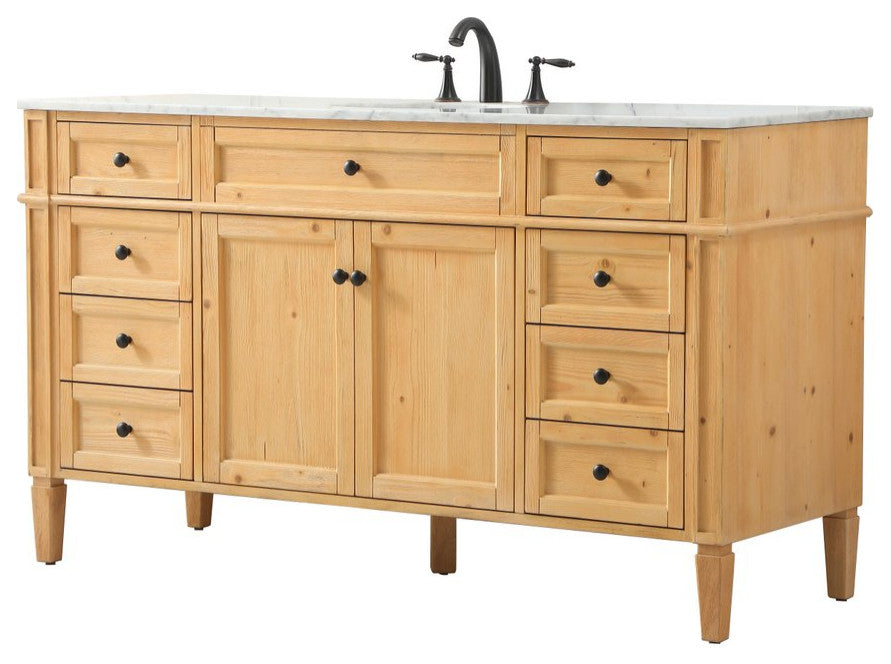 Home Living Vanity with Carrara White Marble Countertop, Natural Wood, 60", Single Sink