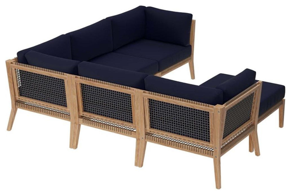 Clearwater Outdoor Patio Teak Wood 6-Piece Sectional Sofa, Gray Navy