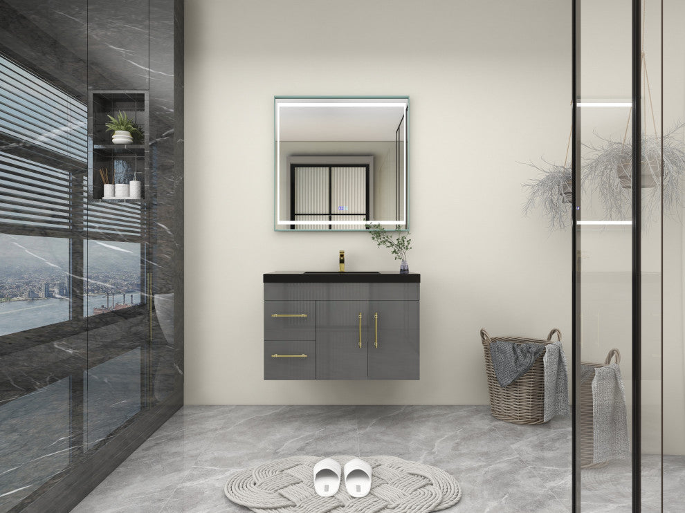 Rosa 36" Wall Mounted Modern Vanity, High Gloss Gray, Matt Black Top