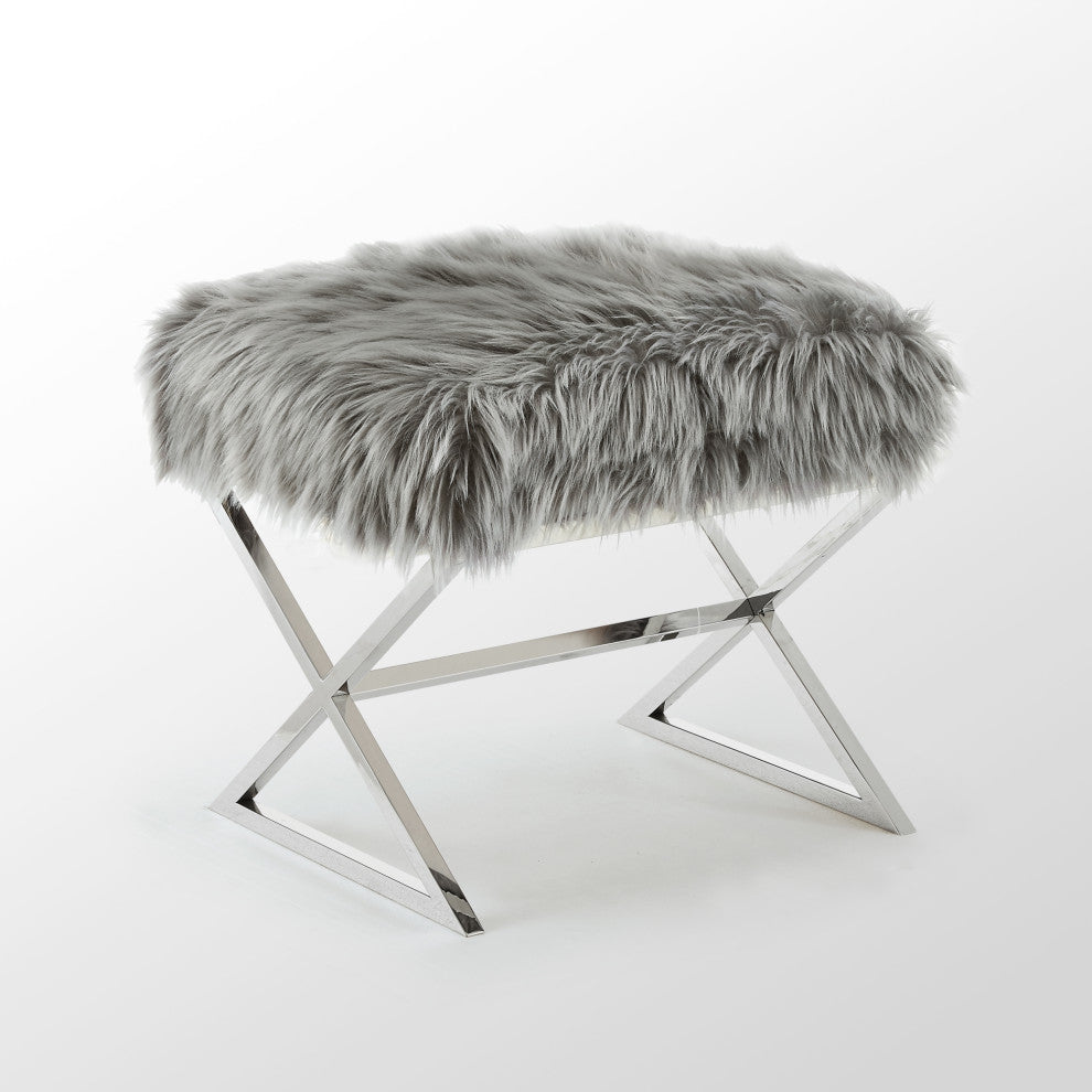 Oria Faux Fur X-Leg Chrome Base Ottoman, Gray/Chrome