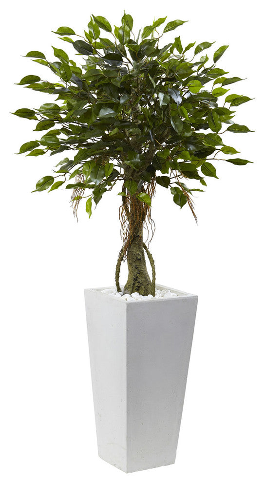 52" Ficus Tree With White Planter, UV Resistant, Indoor and Outdoor, Green