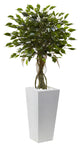 52" Ficus Tree With White Planter, UV Resistant, Indoor and Outdoor, Green