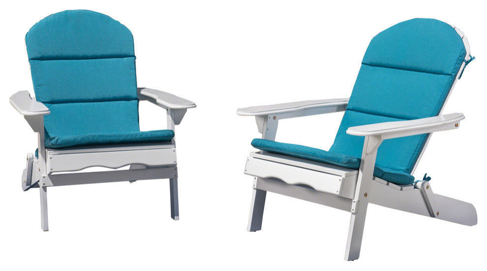 Outdoor Acacia Wood Folding Adirondack Chairs With Cushions, Set of 2, White/Dark Teal