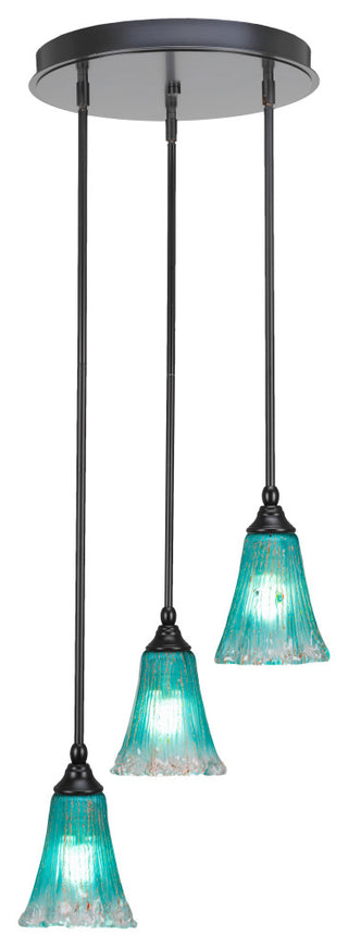 Empire 3-Light Cluster Pendalier, Matte Black/Fluted Teal Crystal