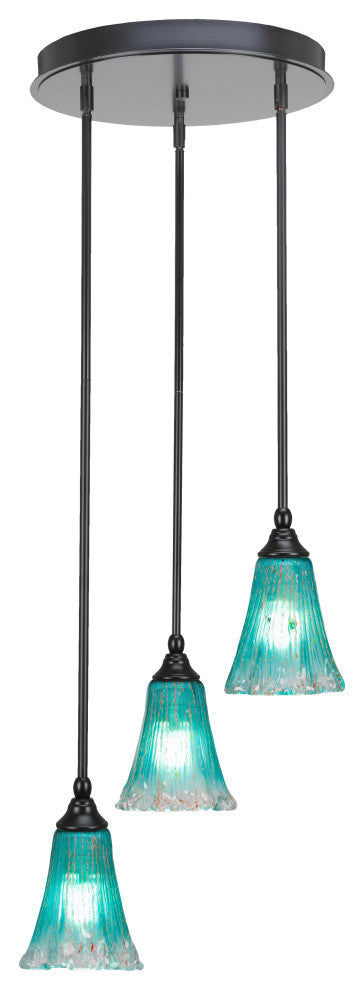 Empire 3-Light Cluster Pendalier, Matte Black/Fluted Teal Crystal