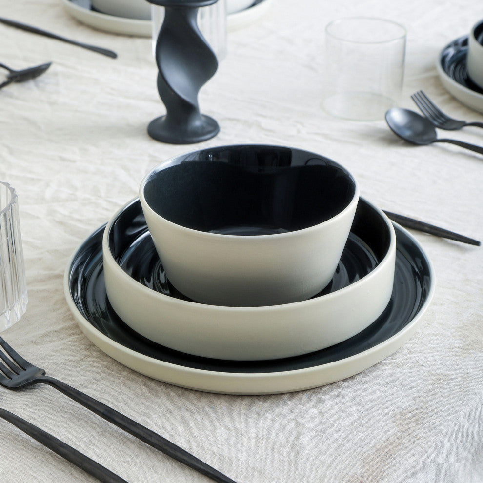 Stone Lain Elica Stoneware 12 Piece Dinnerware Set, Black and Beige