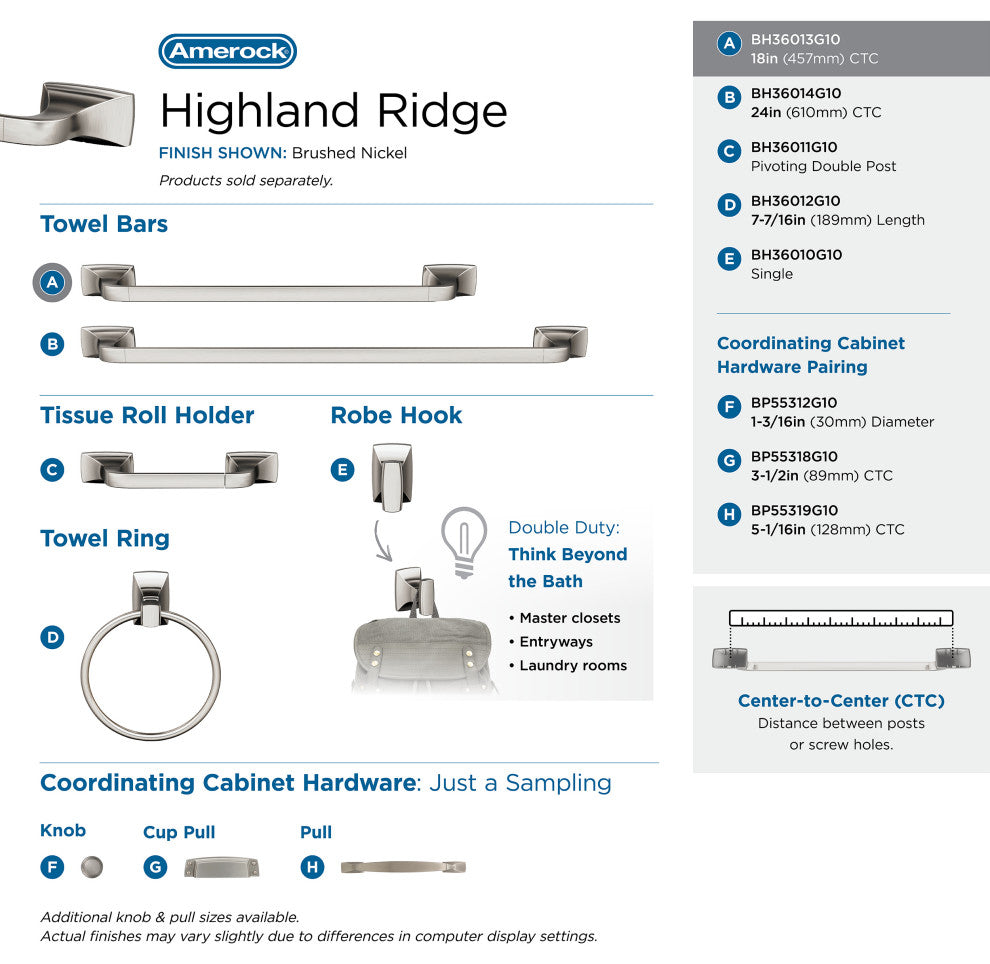 Amerock Highland Ridge Transitional Towel Bar, Brushed Nickel, 18" Center-to-Cen