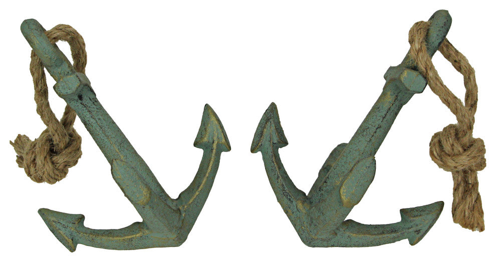 Set of 2 Verdigris Cast Iron Ship Anchor Bookends Nautical Home Decor Sculpture