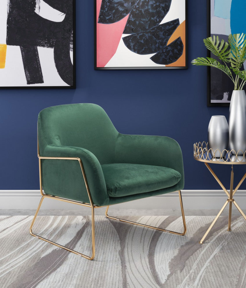 Comfy Square Green Velvet and Gold Accent Arm Chair