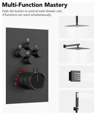 Thermostatic Shower System 12" Dual Shower Heads with Body Jet, Matte Black
