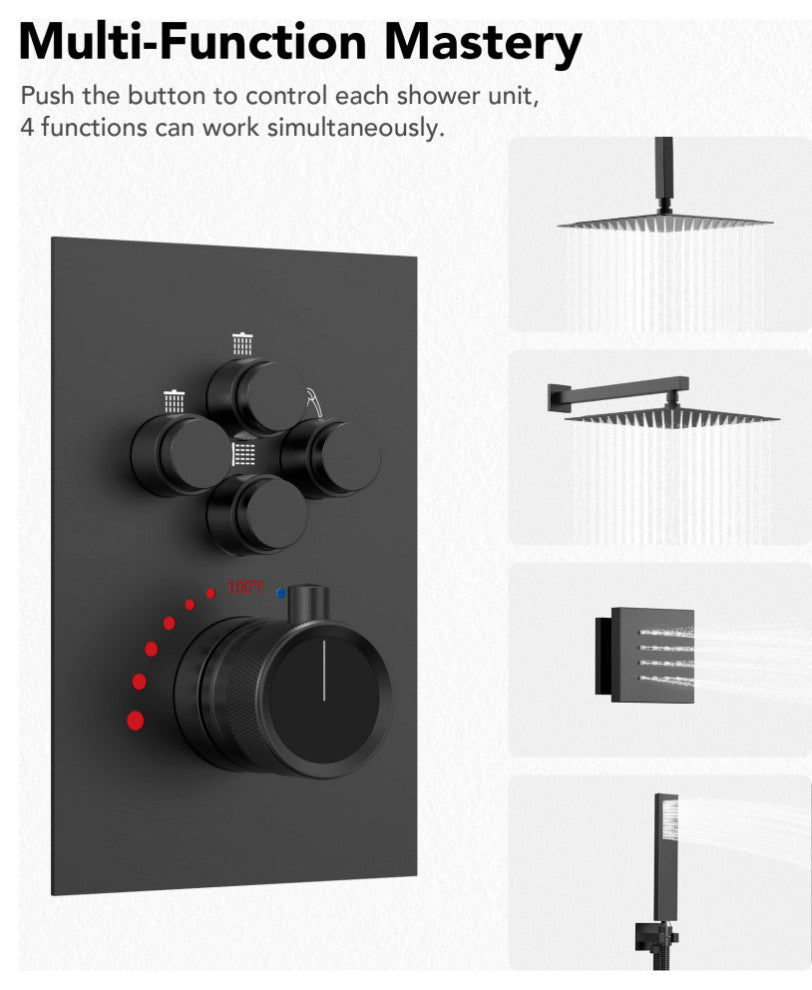 Thermostatic Shower System 12" Dual Shower Heads with Body Jet, Matte Black