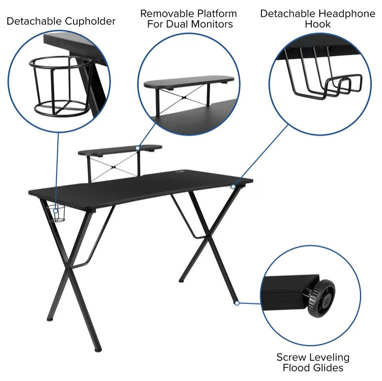Modern Gaming Desk With Comfortable Chair, Raised Shelf & Cup Holder, White