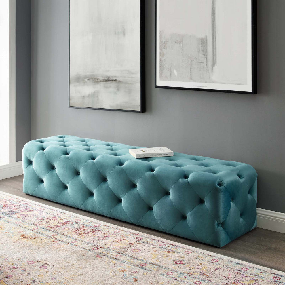 Tufted Accent Chair Bench, Velvet, Blue, Modern, Living Lounge Hotel Hospitality