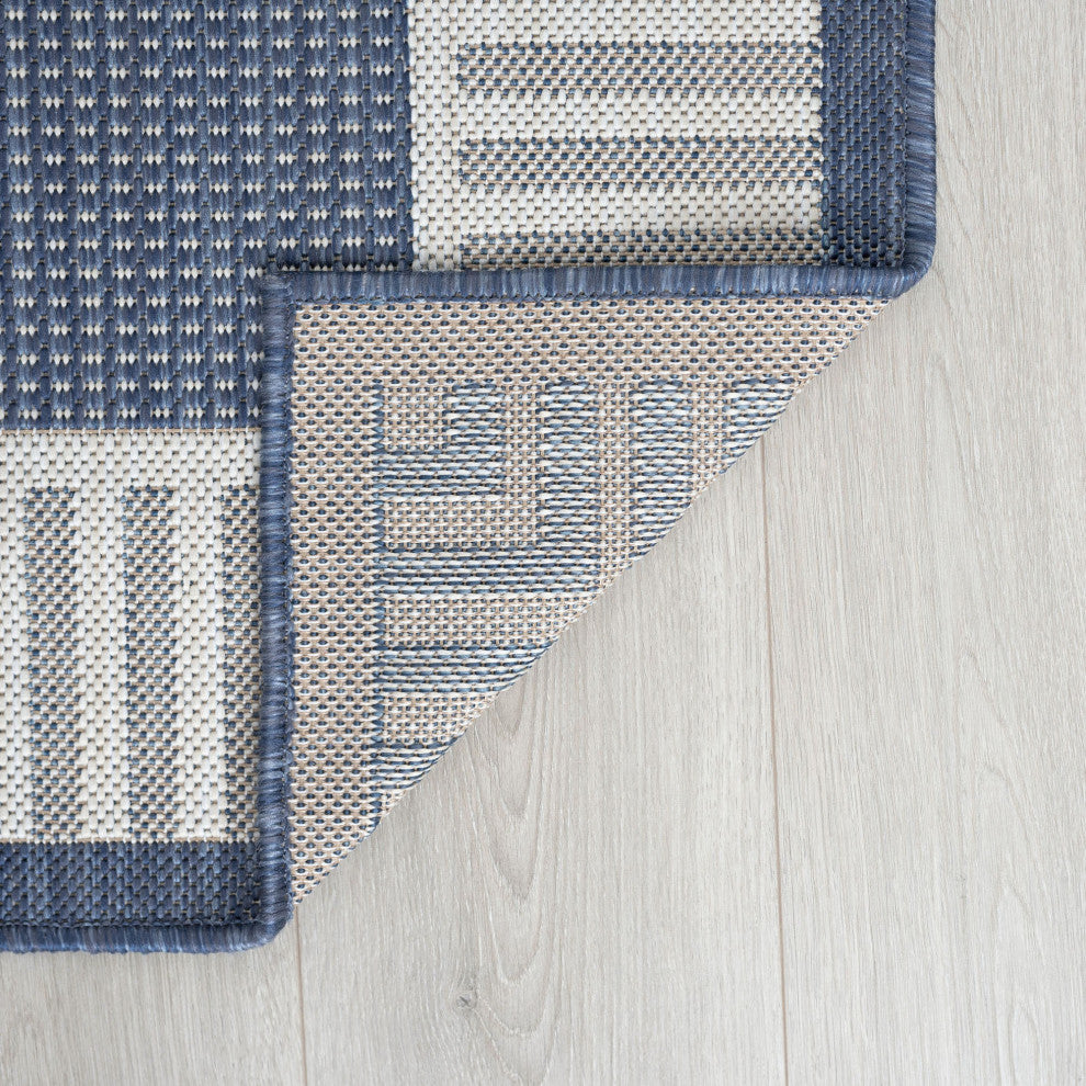 Elgin Transitional Striped Border Navy/Cream Indoor/Outdoor Runner Rug, 2'x7'