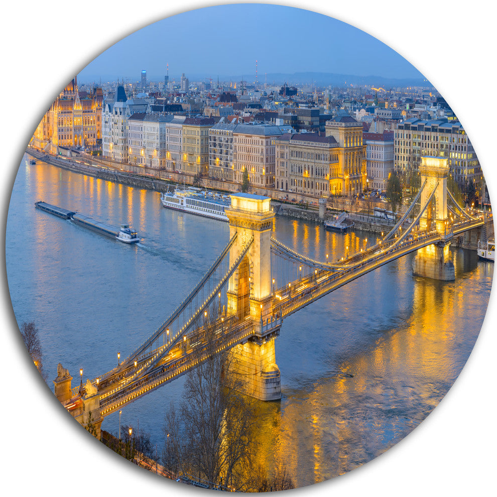 Chain Building And Parliament In Budapest, Disc Metal Wall Art, 36"