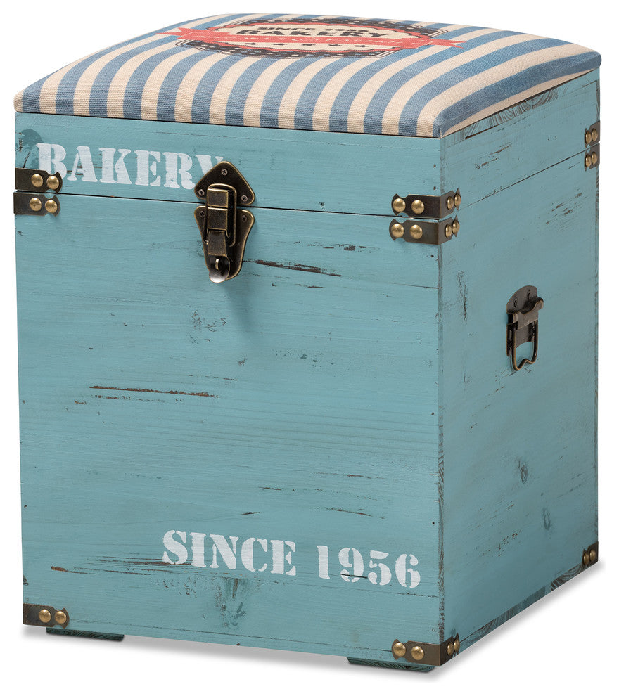 Caye Vintage Striped Fabric Upholstered Light Blue Wood Storage Trunk Ottoman