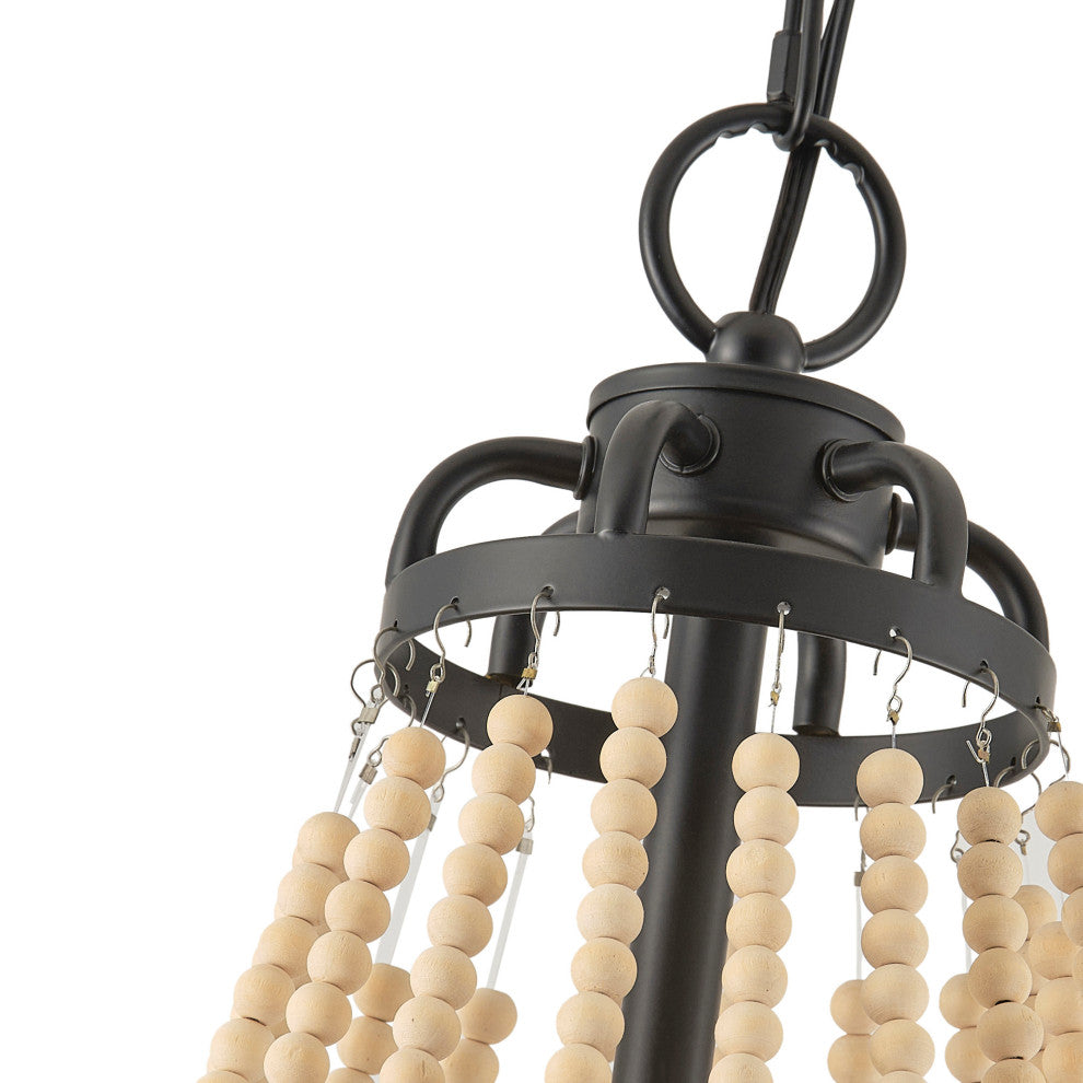 Matte Black Farmhouse Candle Chandelier With Wood Beads Design