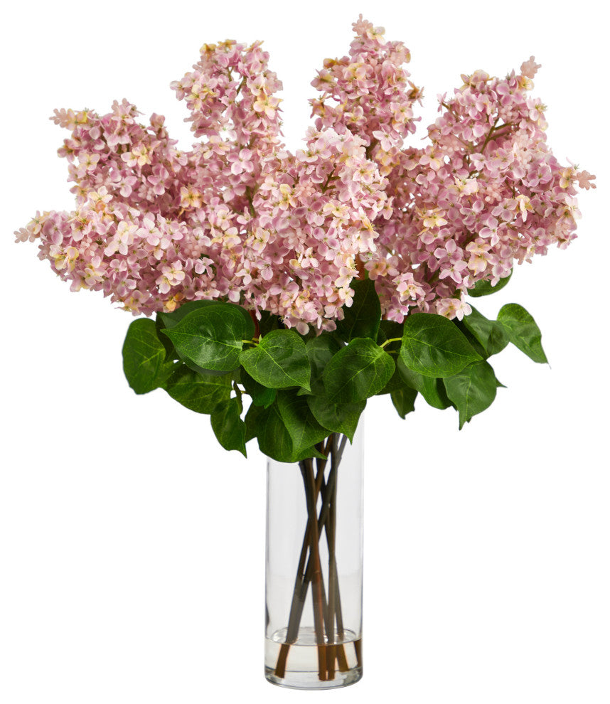 24in. Artificial Lilac Arrangement with Cylinder Glass Vase