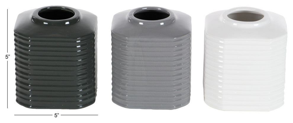 Set of 3 Contemporary 5" Ribbed Octagonal Ceramic Vases