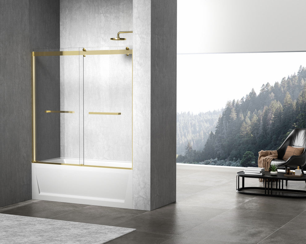 Home Living 60X60 Frameless Double Sliding Tub Door, Brushed Gold
