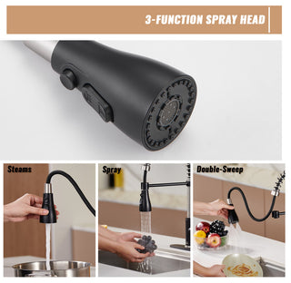 Single Handle Kitchen Sink Faucet Pull-Down Sprayer, 360 Swivel, 3 Functions, Matte Black+brushed Nickel