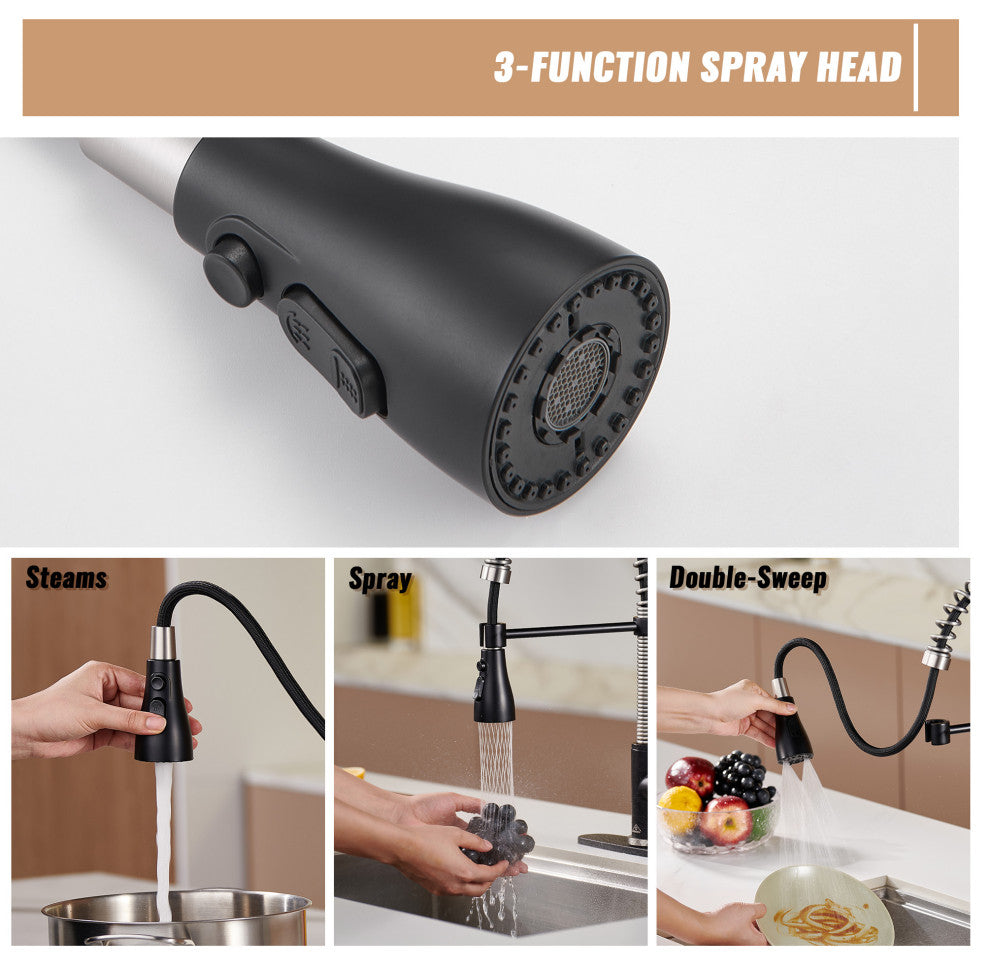 Single Handle Kitchen Sink Faucet Pull-Down Sprayer, 360 Swivel, 3 Functions, Matte Black+brushed Nickel