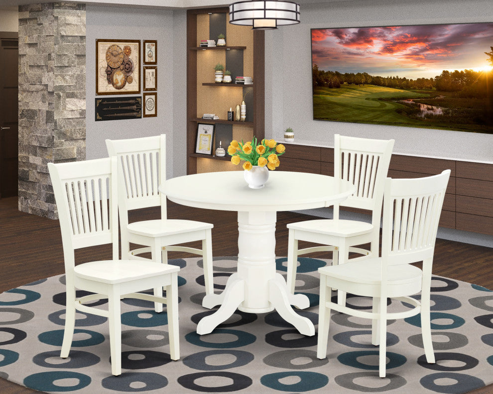 5Pc Dining Set 4 Chairs, Table, Slatted Chair Back Linen White Finish
