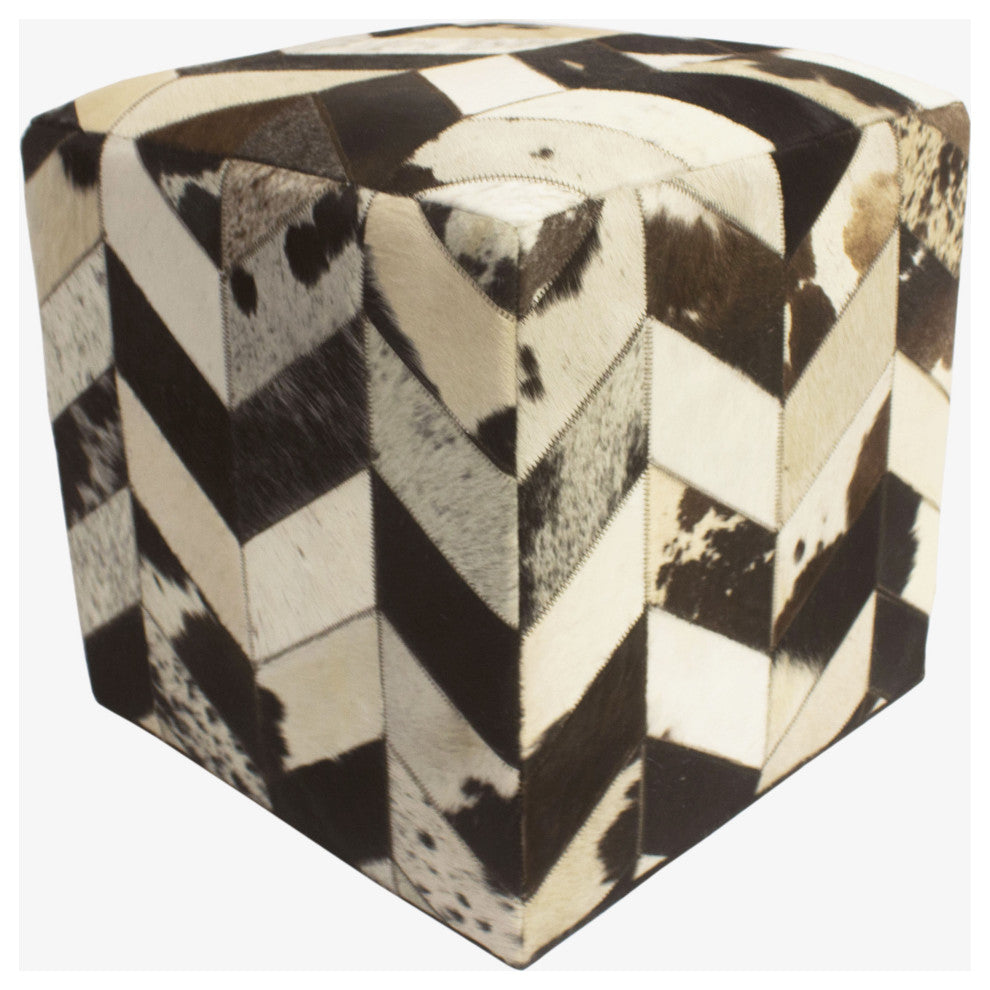 Decor Maisonette Geometric Hide Pouf Levi, Black, 18"