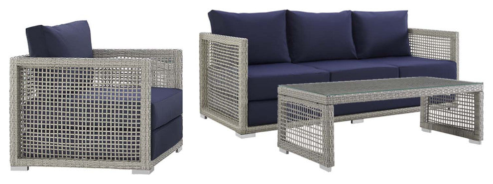 Aura 3 Piece Outdoor Patio Wicker Rattan Set, Gray Navy