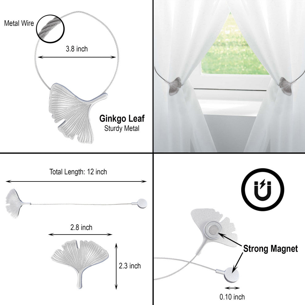 Magnetic Metal Curtain Tiebacks with Ginkgo Leaf Design "“ No Installation Needed, Silver, Pack of 2