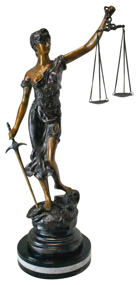 Lady Justice bronze statue mounted on a marble - Size: 14"L x 16"W x 32"H.