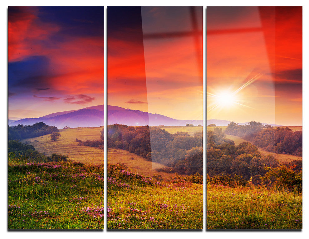 "Cold Morning Fog With Red Hot Sun" Photo Metal Wall Art, 3 Panels, 36"x28"