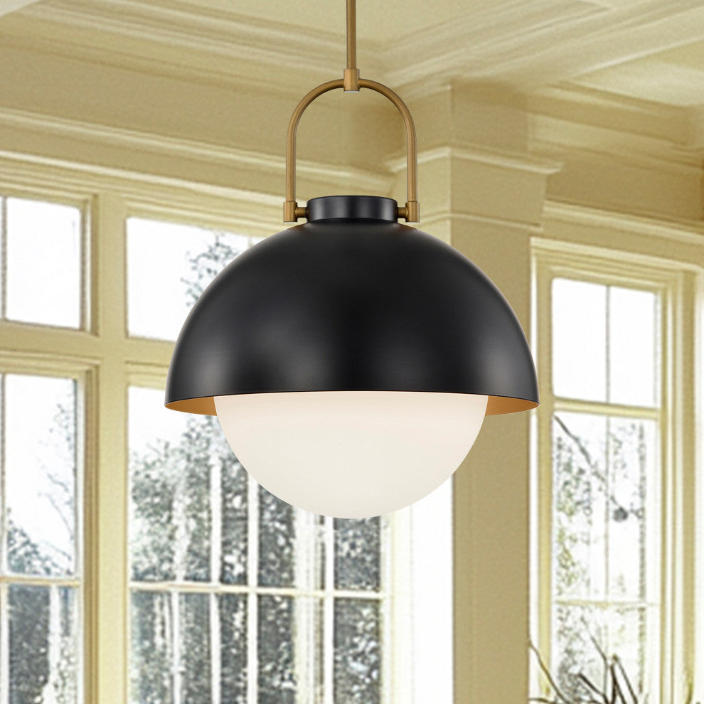 1-Light Matte Black Finish Modern Pendant Light Fixture With Opal Glass Shade