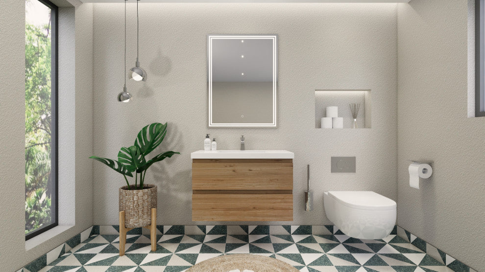 Belli 36" Wall Mounted Single Bathroom Vanity Set, Natural Oak, Glossy White Top